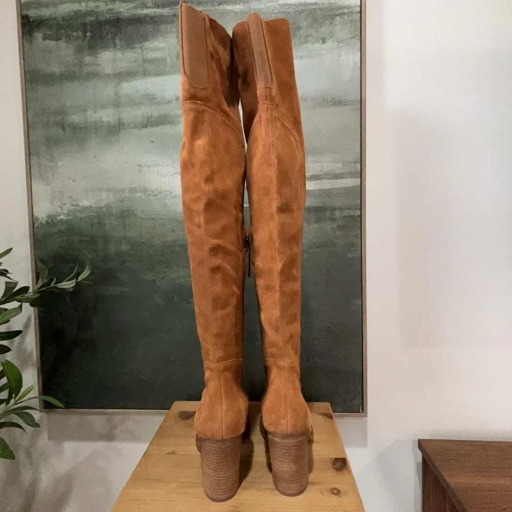 KDB Boots Womens Size 10 Brown Faux Suede Over The Knee Riding Block Heel Zip